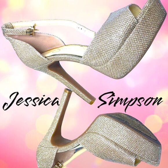 Jessica Simpson l Strappy Shimmery  Sexy Stiletto’s l Gold Platform l 8M l EUC - Picture 1 of 10